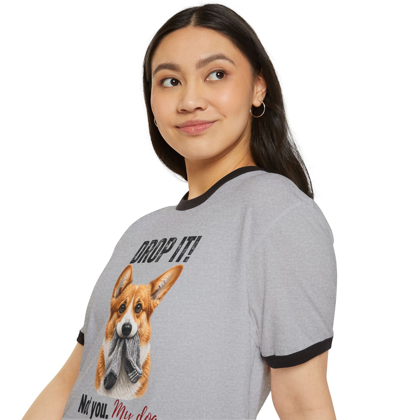 Drop It! Corgi Ringer Tee – Funny Corgi Mom Shirt