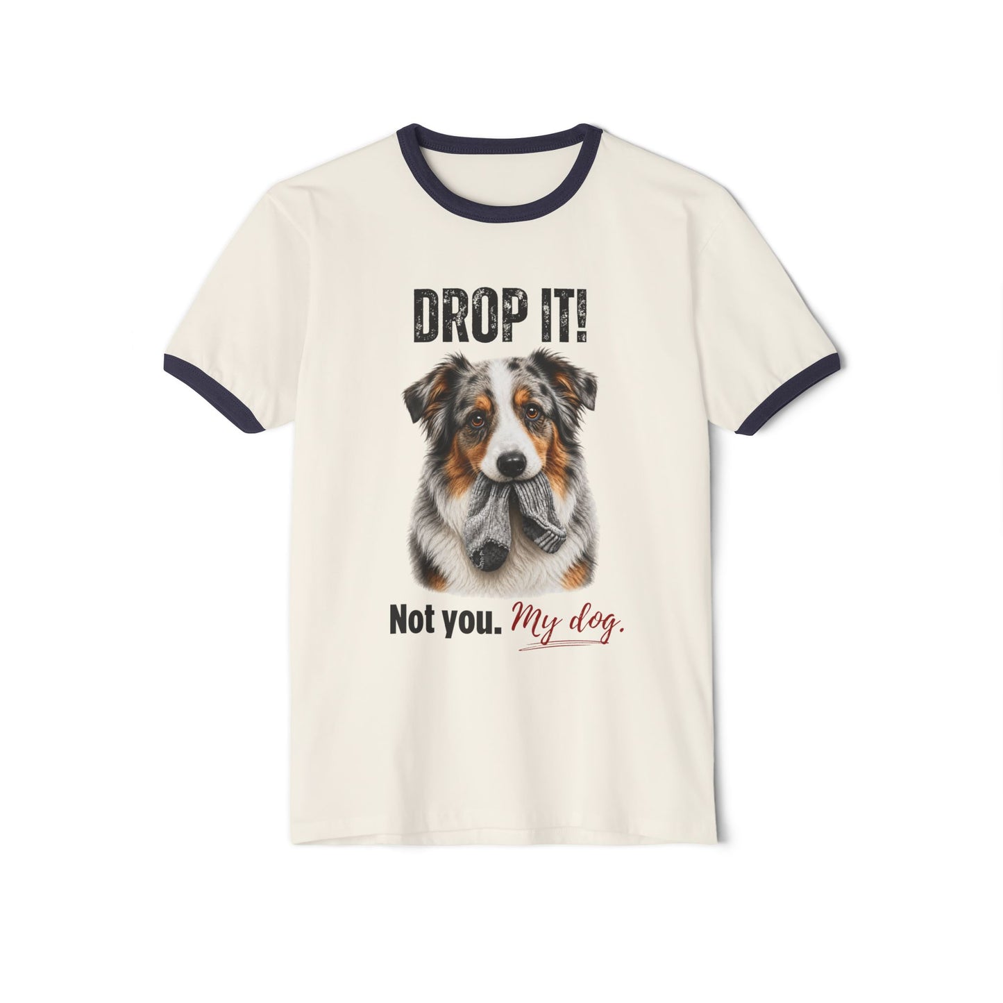 Drop It! Australian Shepherd Ringer Tee – Funny Aussie Mom Shirt