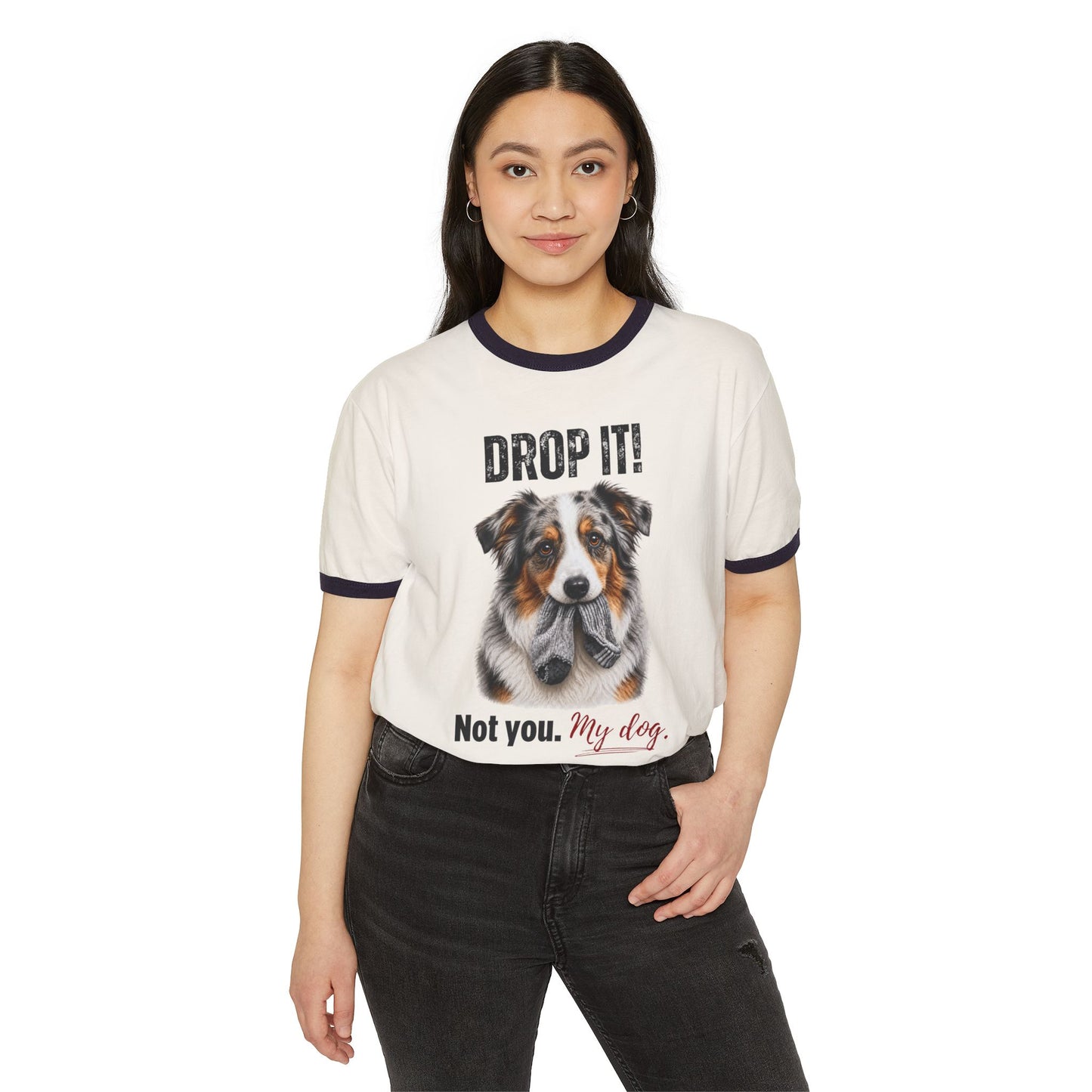 Drop It! Australian Shepherd Ringer Tee – Funny Aussie Mom Shirt