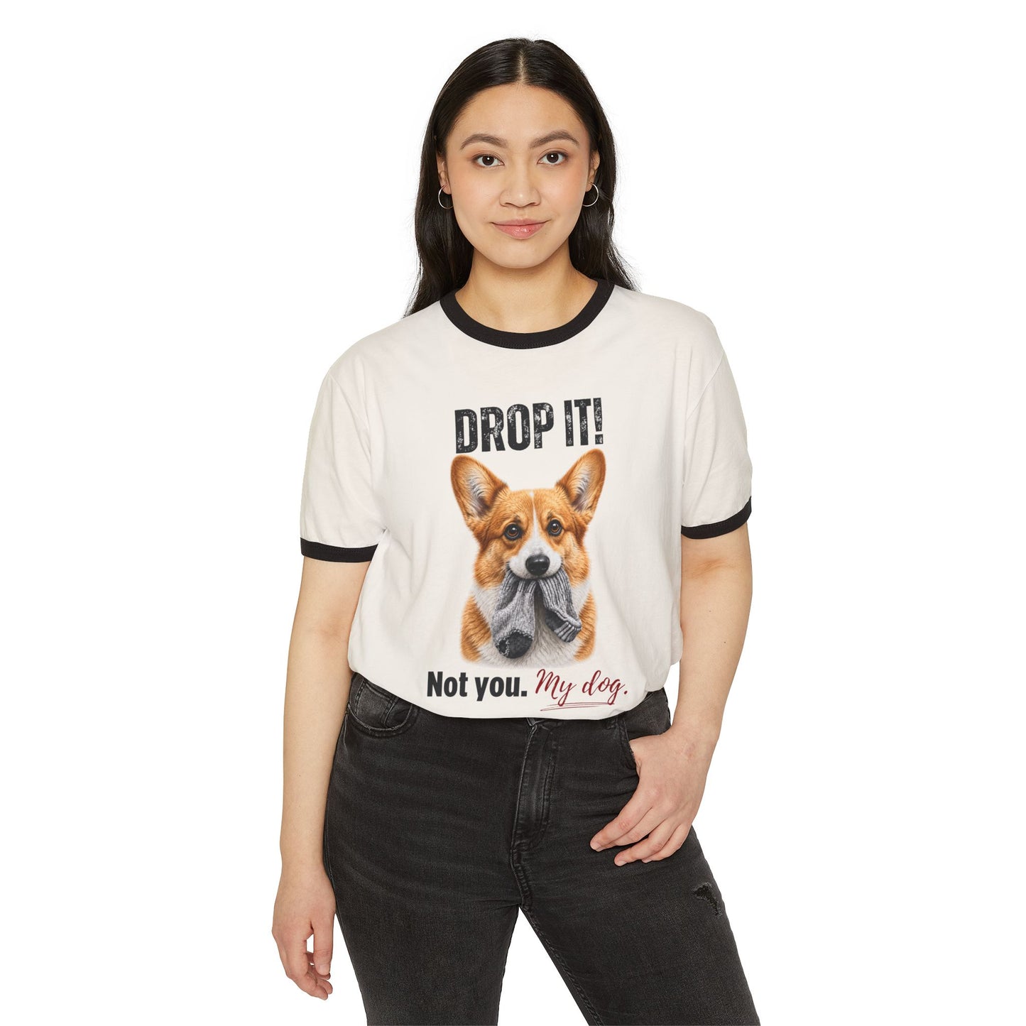 Drop It! Corgi Ringer Tee – Funny Corgi Mom Shirt