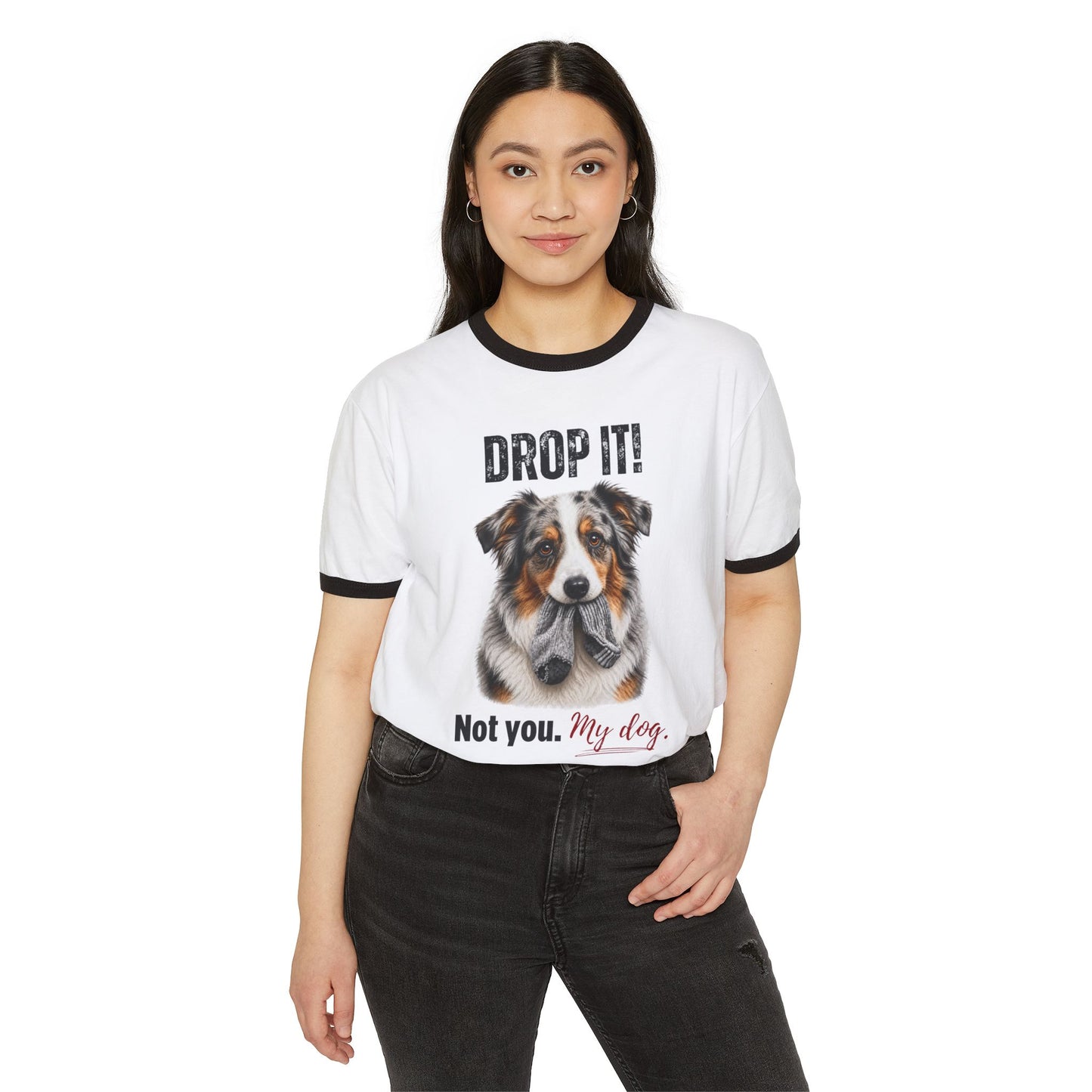 Drop It! Australian Shepherd Ringer Tee – Funny Aussie Mom Shirt