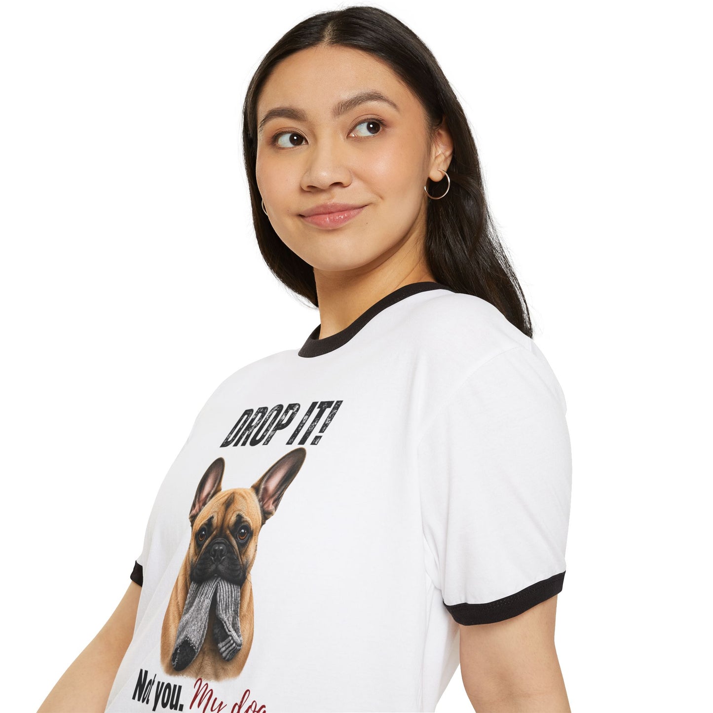 Drop It! French Bulldog Ringer Tee – Funny Frenchie Mom Shirt