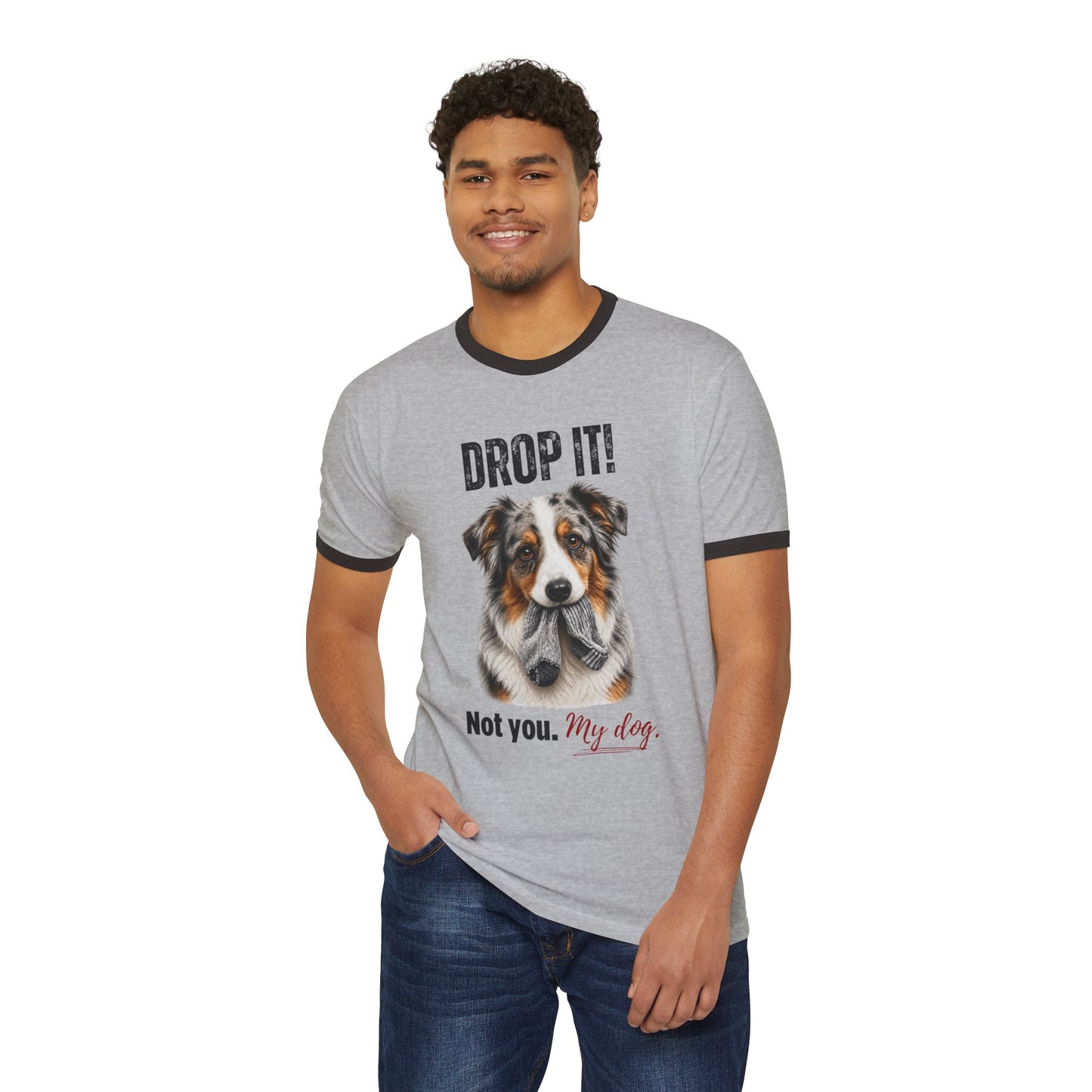 Drop It! Australian Shepherd Ringer Tee – Funny Aussie Mom Shirt
