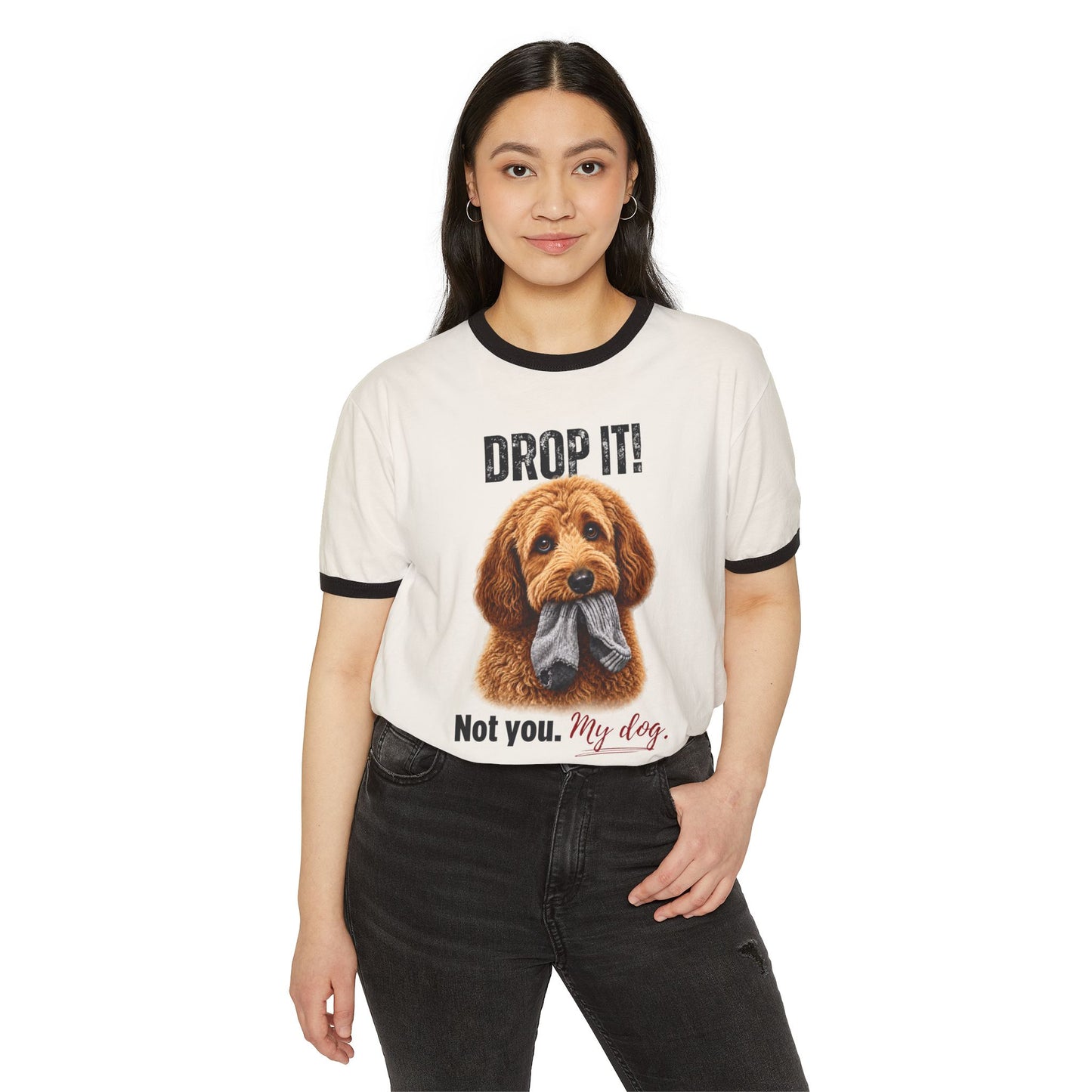 Drop It! Doodle Ringer Tee – Funny Goldendoodle Mom Shirt