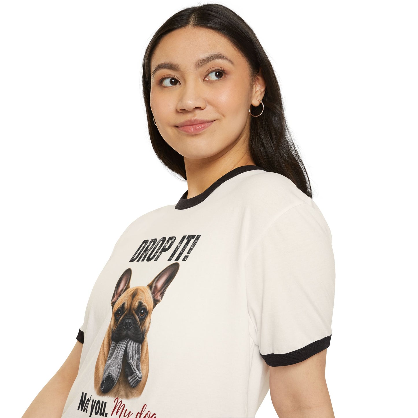 Drop It! French Bulldog Ringer Tee – Funny Frenchie Mom Shirt