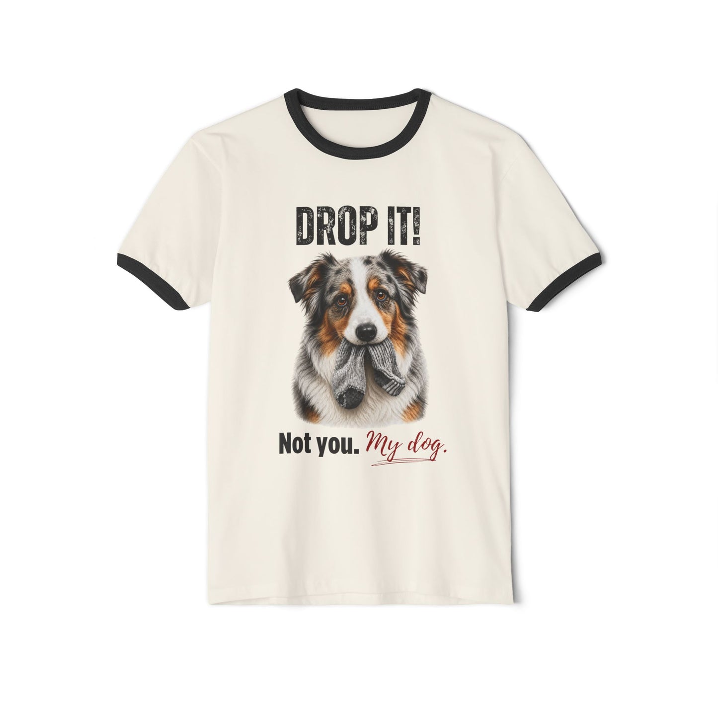 Drop It! Australian Shepherd Ringer Tee – Funny Aussie Mom Shirt