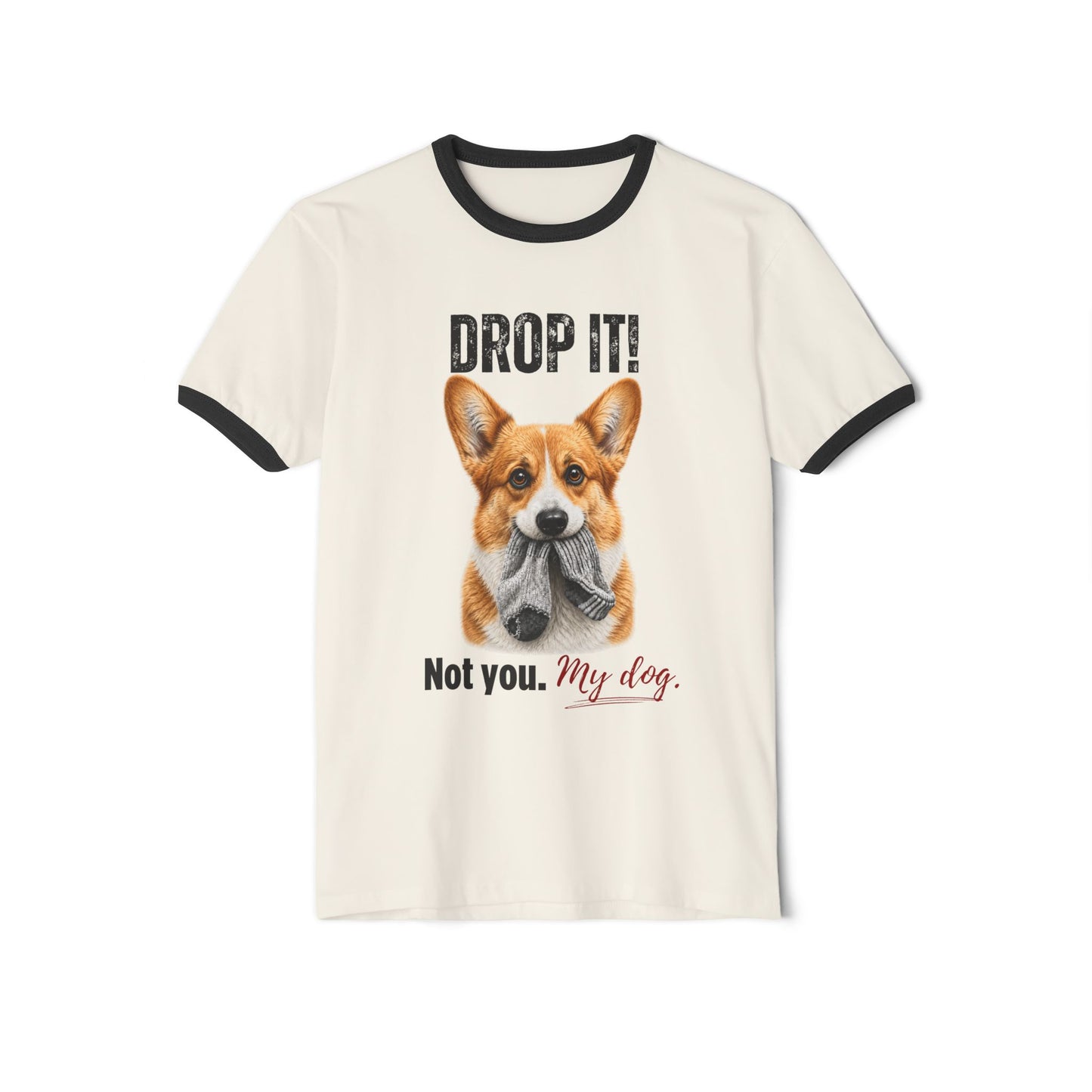 Drop It! Corgi Ringer Tee – Funny Corgi Mom Shirt