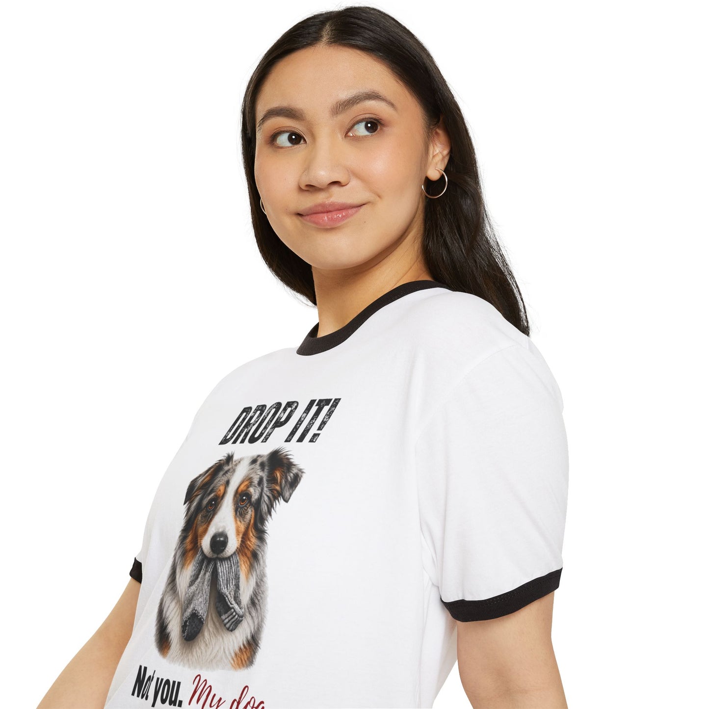 Drop It! Australian Shepherd Ringer Tee – Funny Aussie Mom Shirt