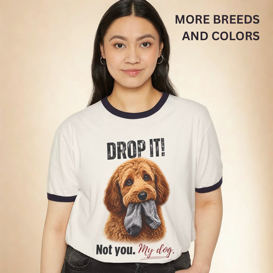 Drop It! Doodle Ringer Tee – Funny Goldendoodle Mom Shirt