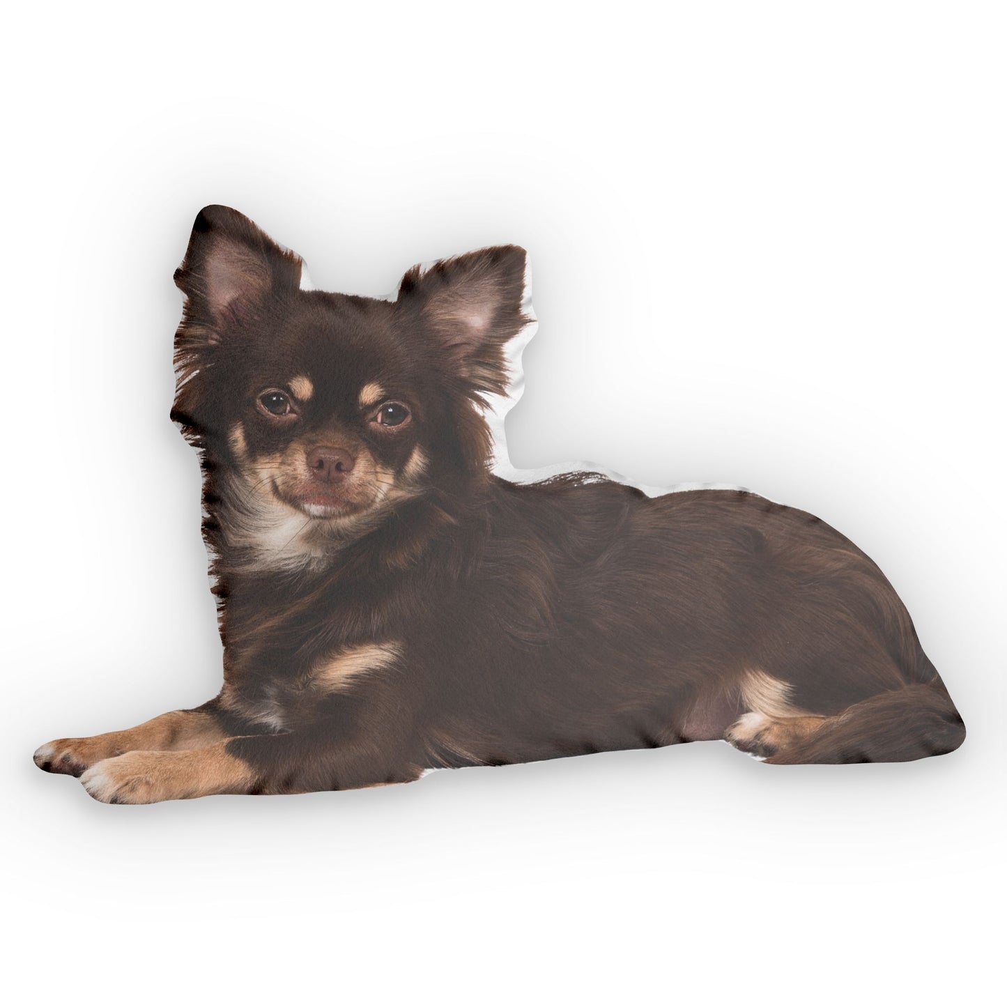 Custom long-haired chihuahua photo pillow shown in a lying-down pose