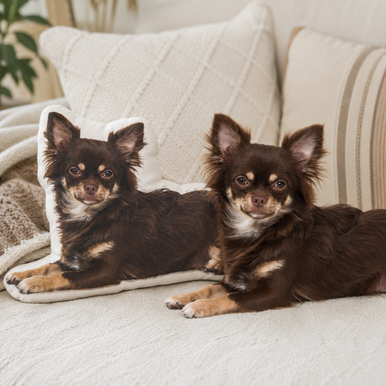 Custom chihuahua photo pillow lying next to the real chihuahua it was made from