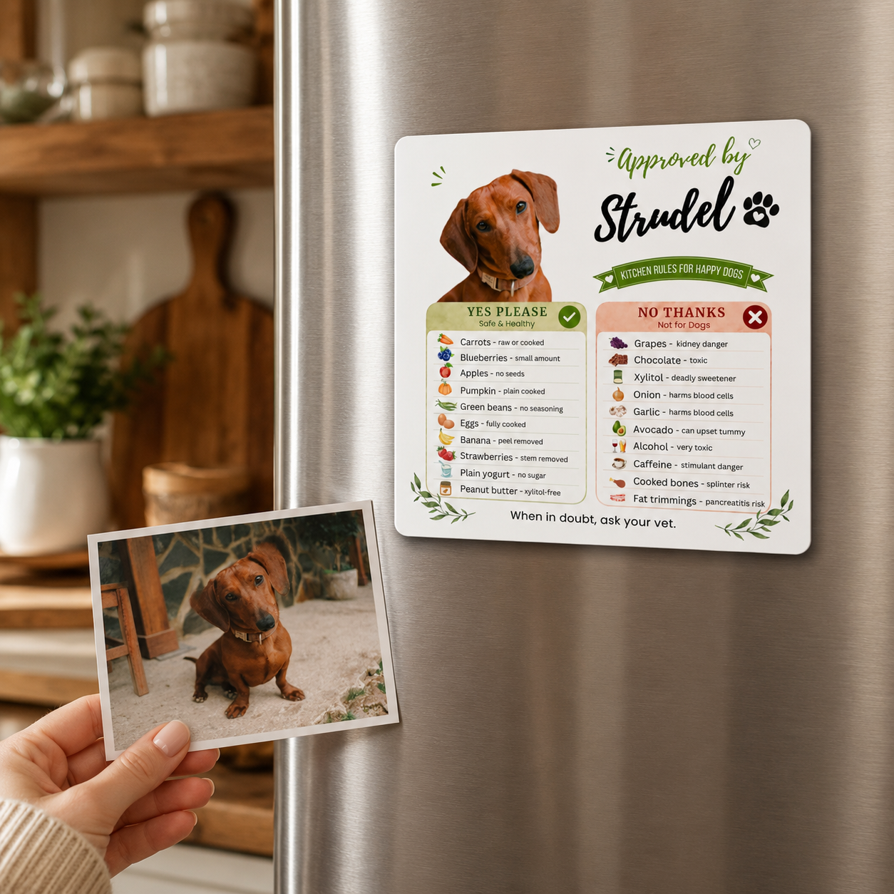 Hand holding the dachshund's original photo beside the finished custom dog magnet on the fridge.