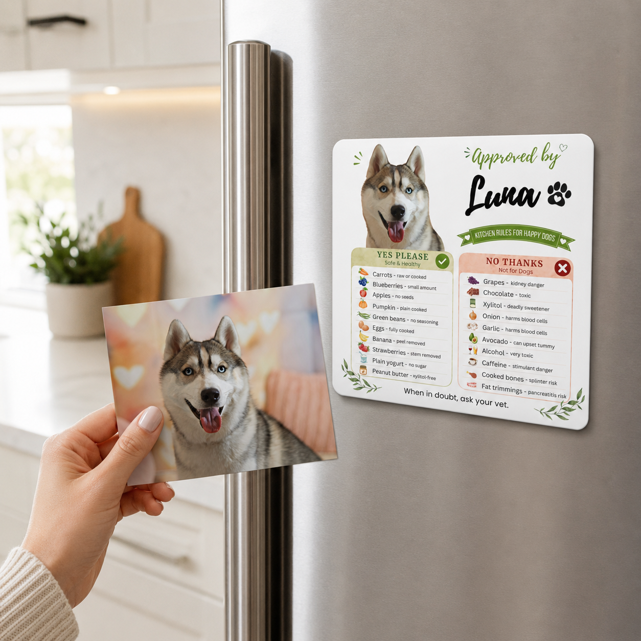 Hand holding a husky puppy's photo next to her personalized dog magnet on the refrigerator.