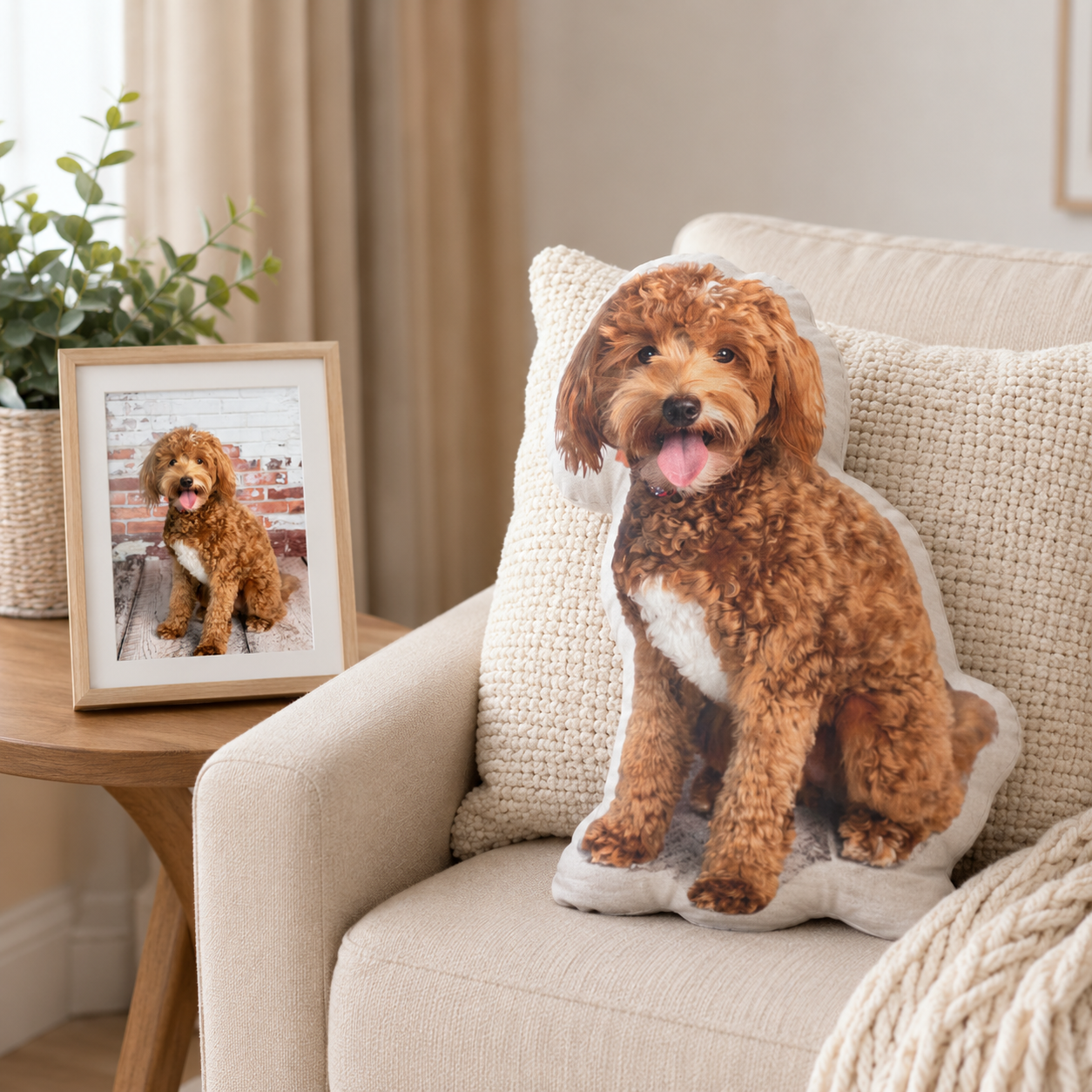 Custom goldendoodle photo pillow on an armchair beside the framed reference photo