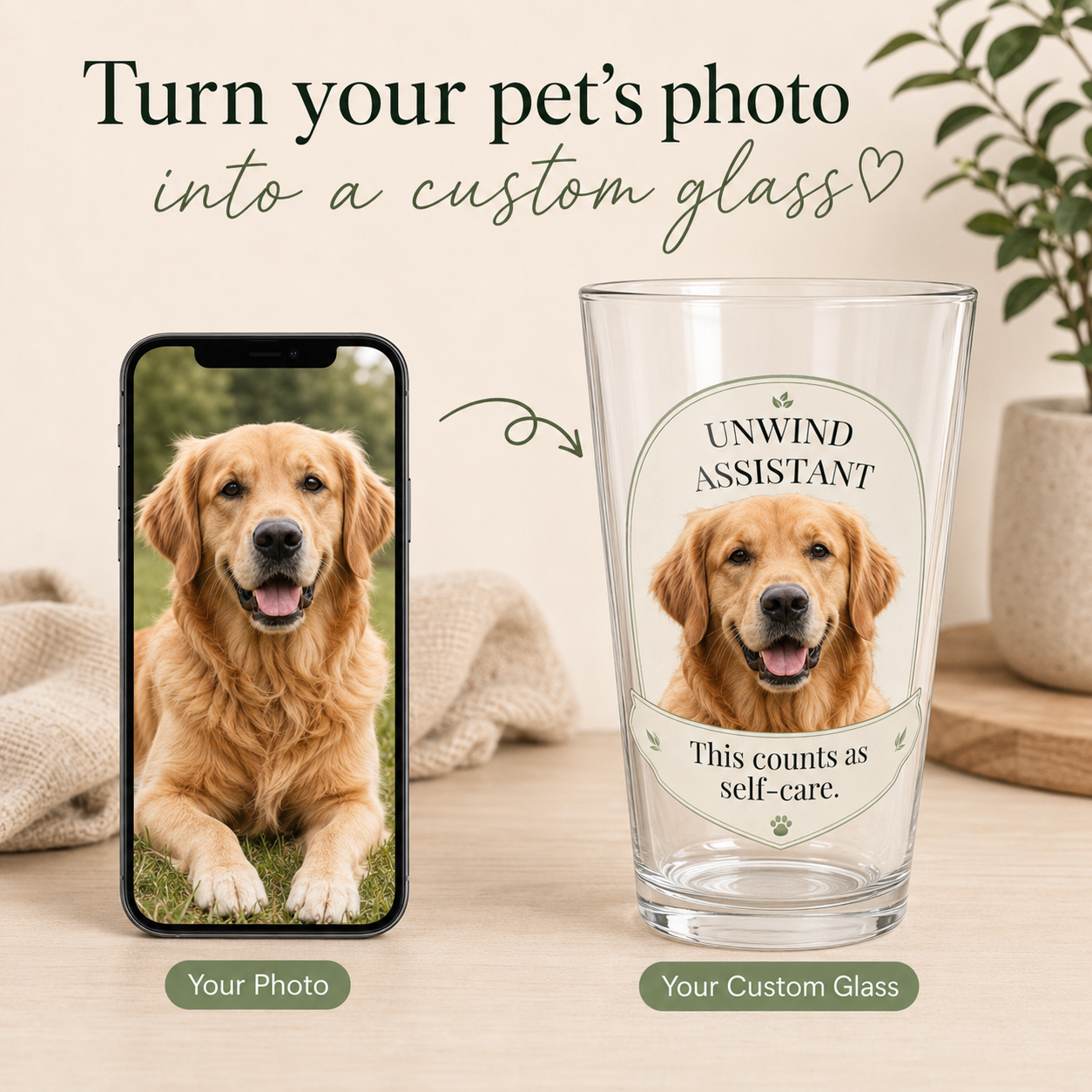 Phone showing a golden retriever photo next to the personalized Unwind Assistant mixing glass it becomes