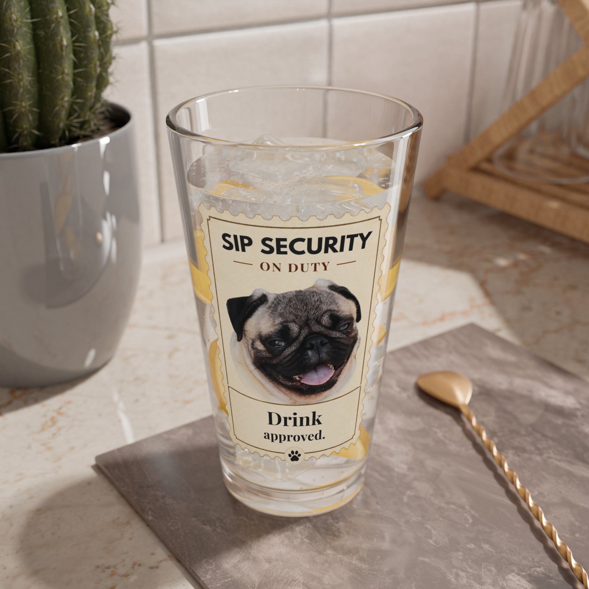Sip Security custom pet glass filled with ice on a kitchen counter beside a cactus