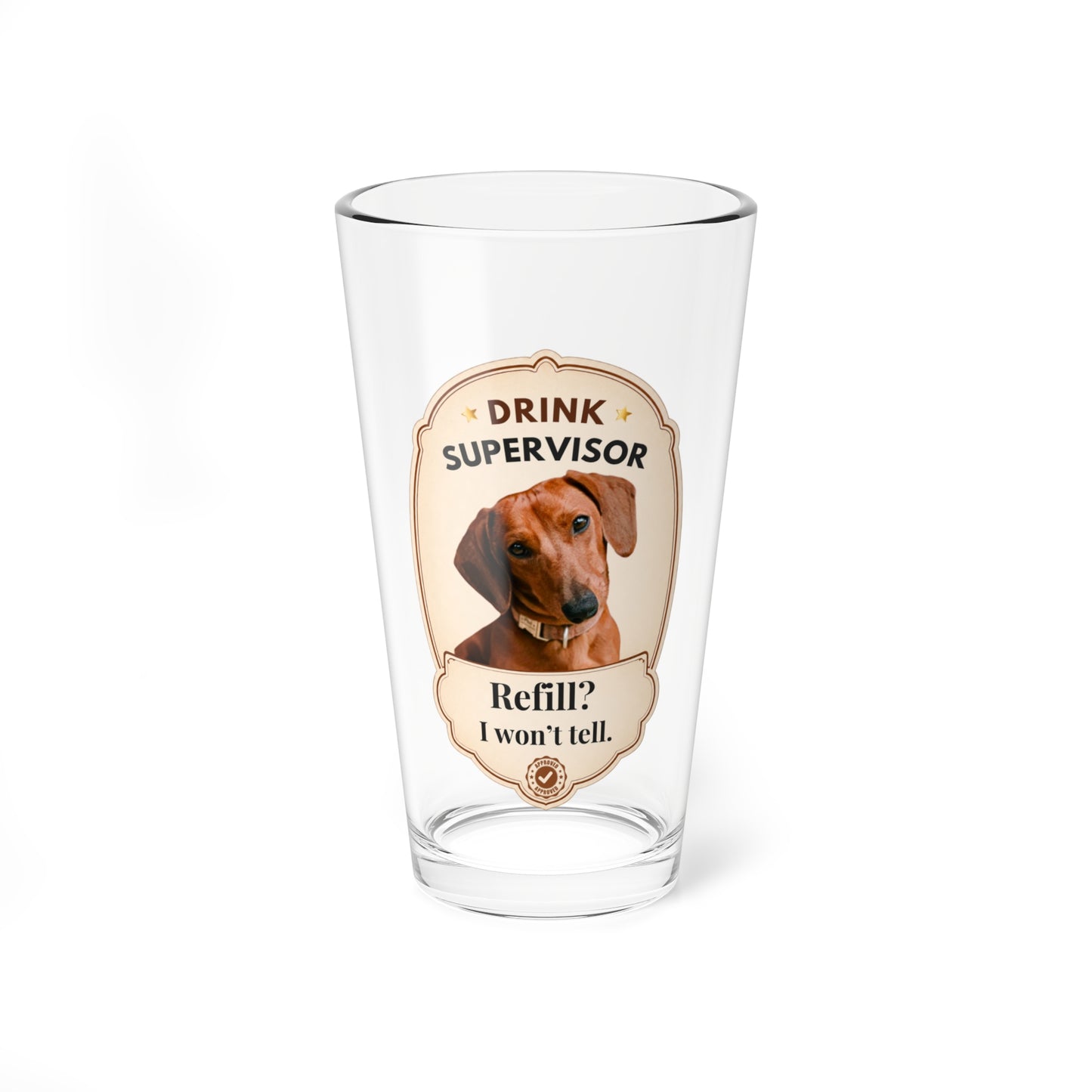 Custom pet mixing glass with Sip Security pug design on a plain white background