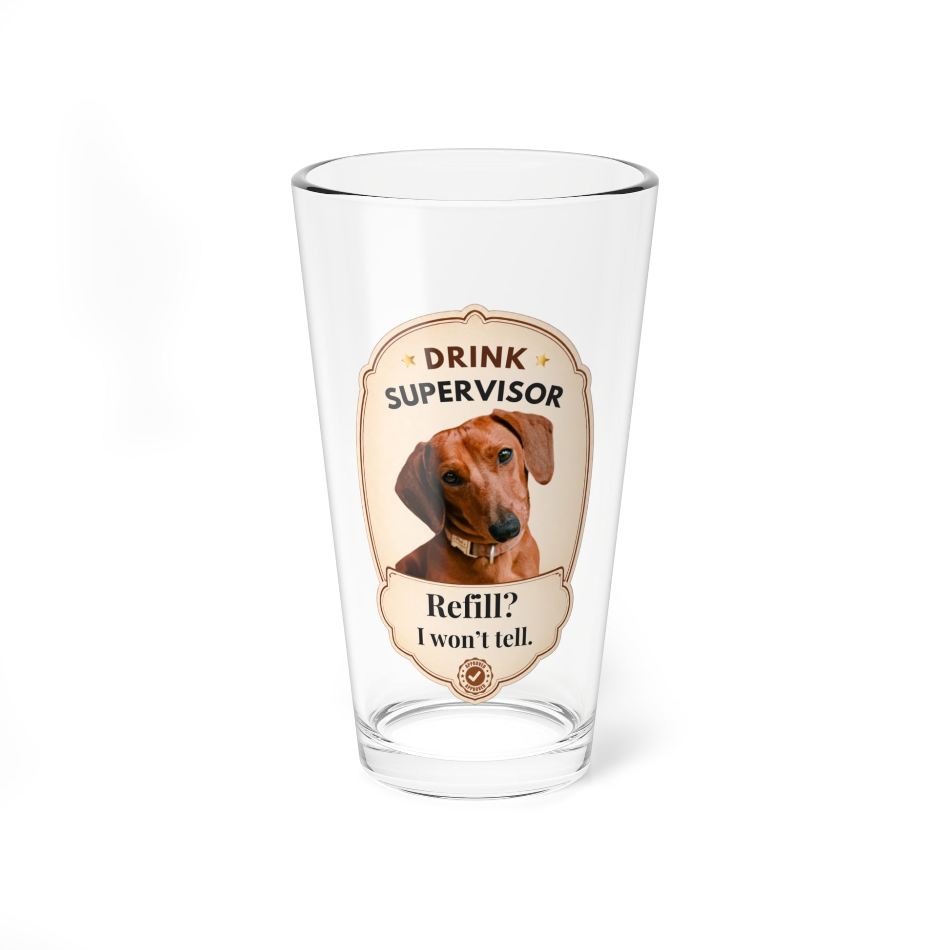 Custom pet mixing glass with Sip Security pug design on a plain white background