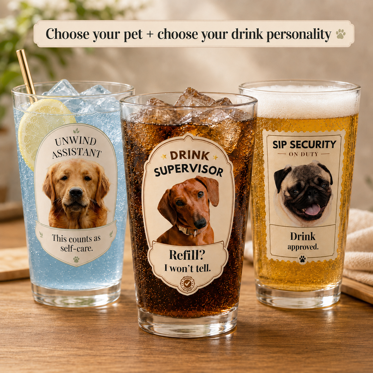 Three custom pet mixing glasses on a wood table showing Unwind Assistant, Drink Supervisor, and Sip Security designs