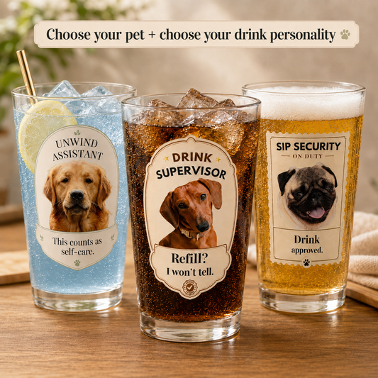Three custom pet mixing glasses on a wood table showing Unwind Assistant, Drink Supervisor, and Sip Security designs