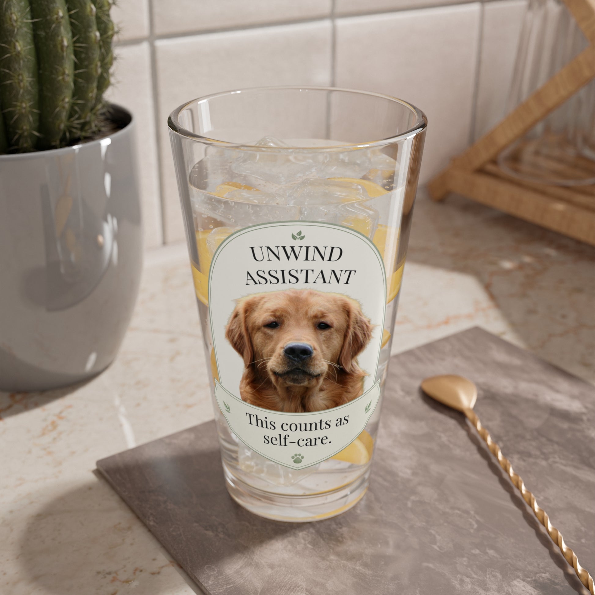 Unwind Assistant custom pet glass filled with ice on a kitchen counter beside a cactus
