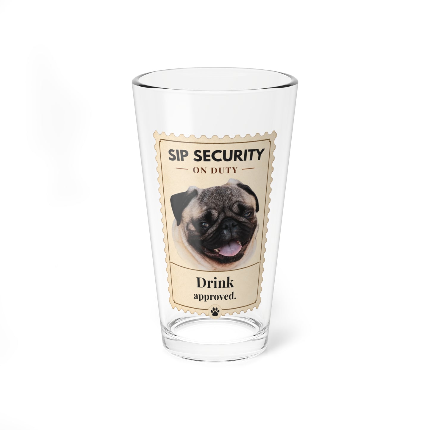 Custom pet mixing glass with Unwind Assistant golden retriever design on a plain white background