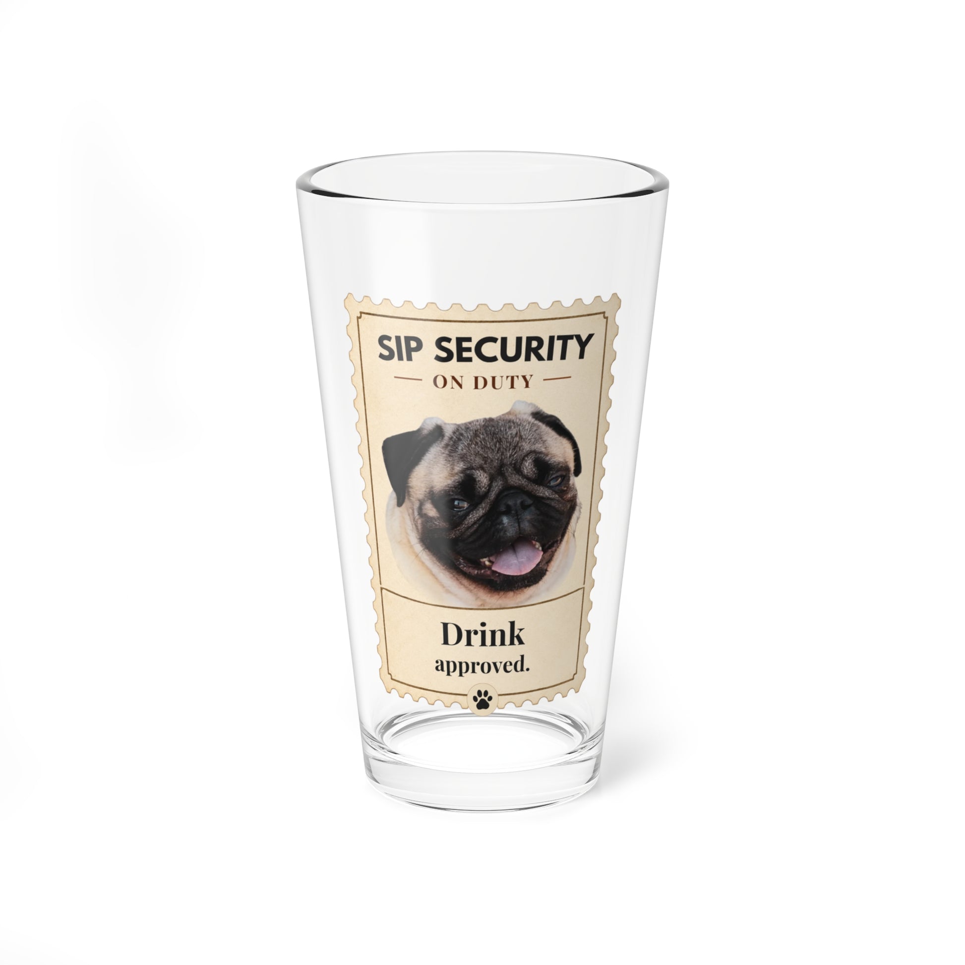 Custom pet mixing glass with Unwind Assistant golden retriever design on a plain white background