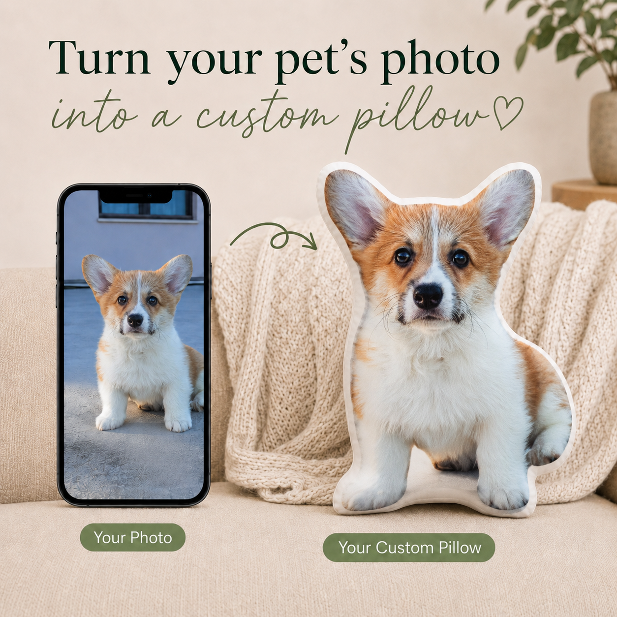 Phone photo of a corgi puppy turned into a custom-shaped pet photo pillow