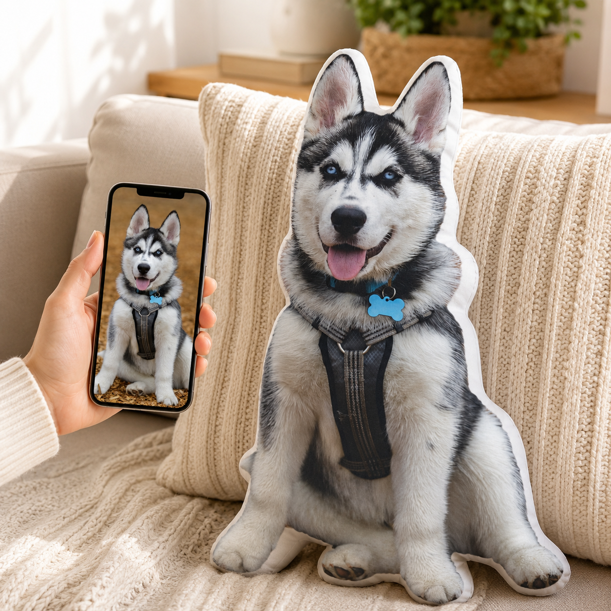 Custom husky photo pillow on a couch next to a phone showing the original pet photo