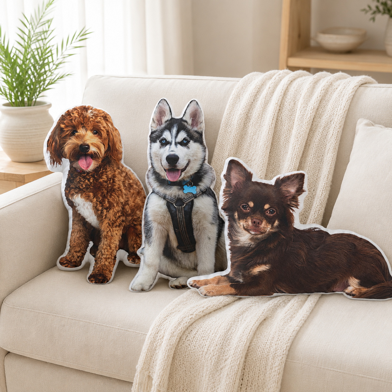 Three custom pet photo pillows shaped like a goldendoodle, husky, and chihuahua on a couch