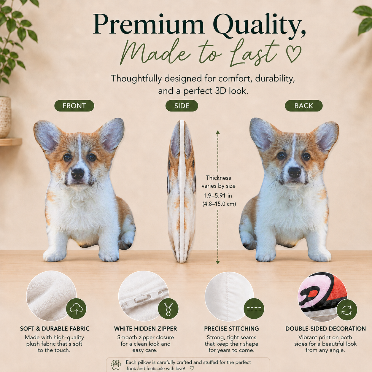 Infographic showing the custom pet pillow's soft fabric, hidden zipper, stitching, and double-sided print