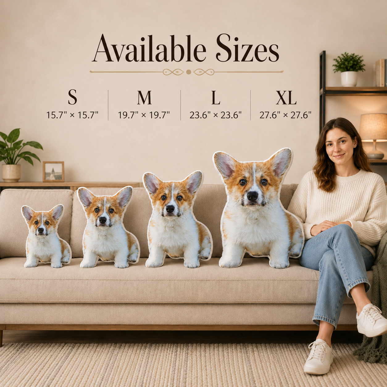 Four custom pet pillow sizes S, M, L, and XL shown next to a woman on a couch for scale