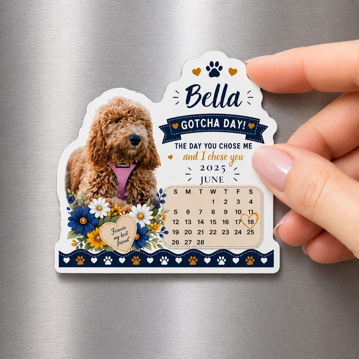 Close-up of a custom photo dog magnet for a goldendoodle, held between two fingers to show print detail.