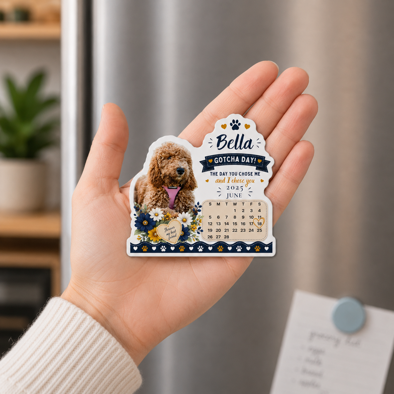 Close-up of a custom photo dog magnet for a goldendoodle, held between two fingers to show print detail.