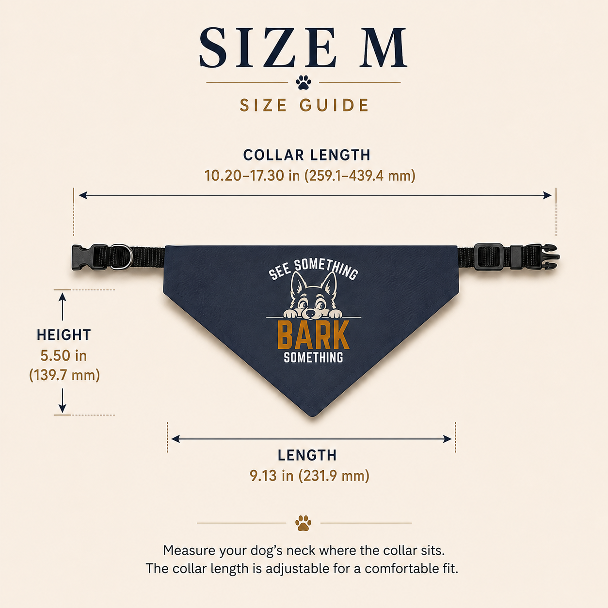 Size M measurements for the dog collar bandana — collar length, height, and length in inches.