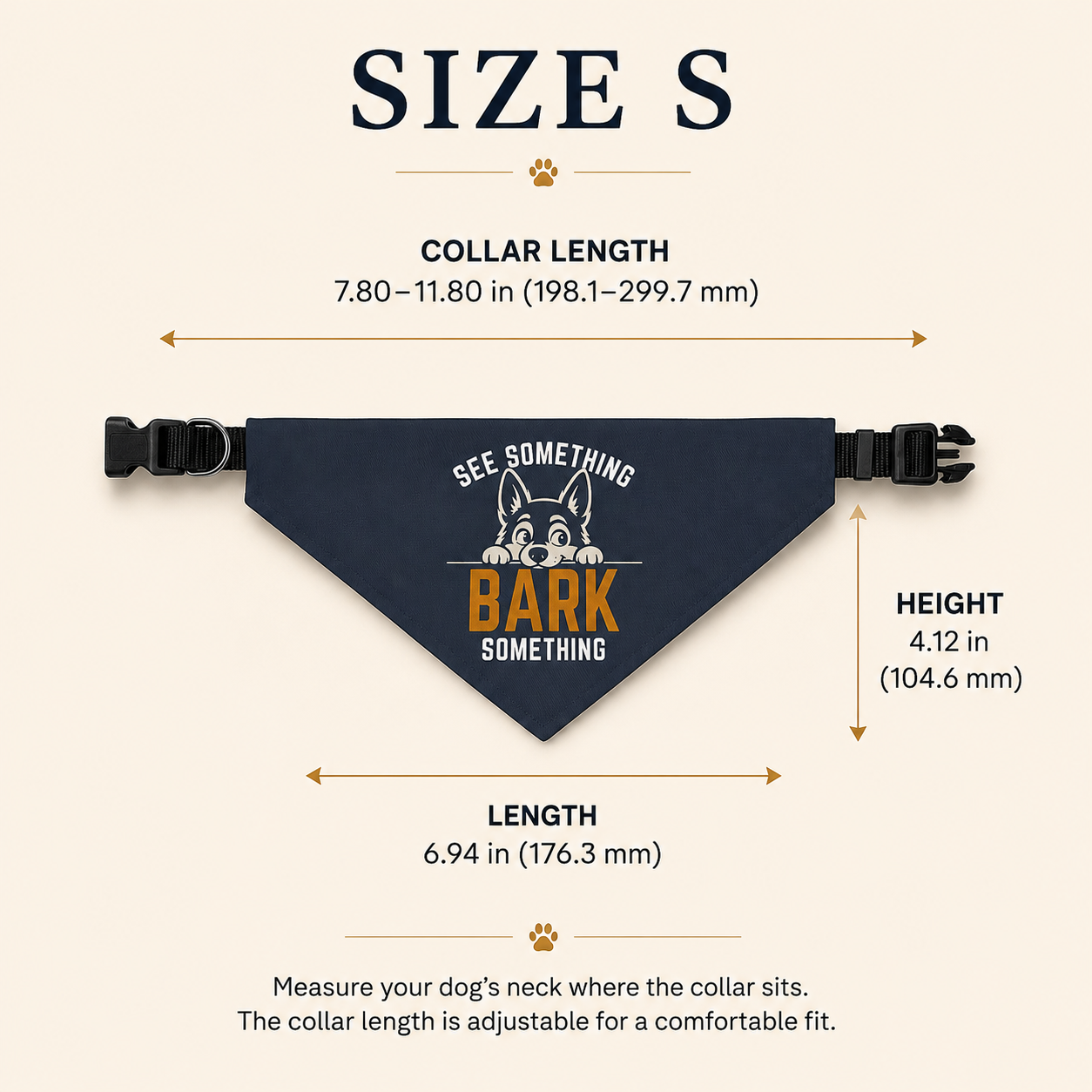 Size S measurements for the dog collar bandana — collar length, height, and length in inches.