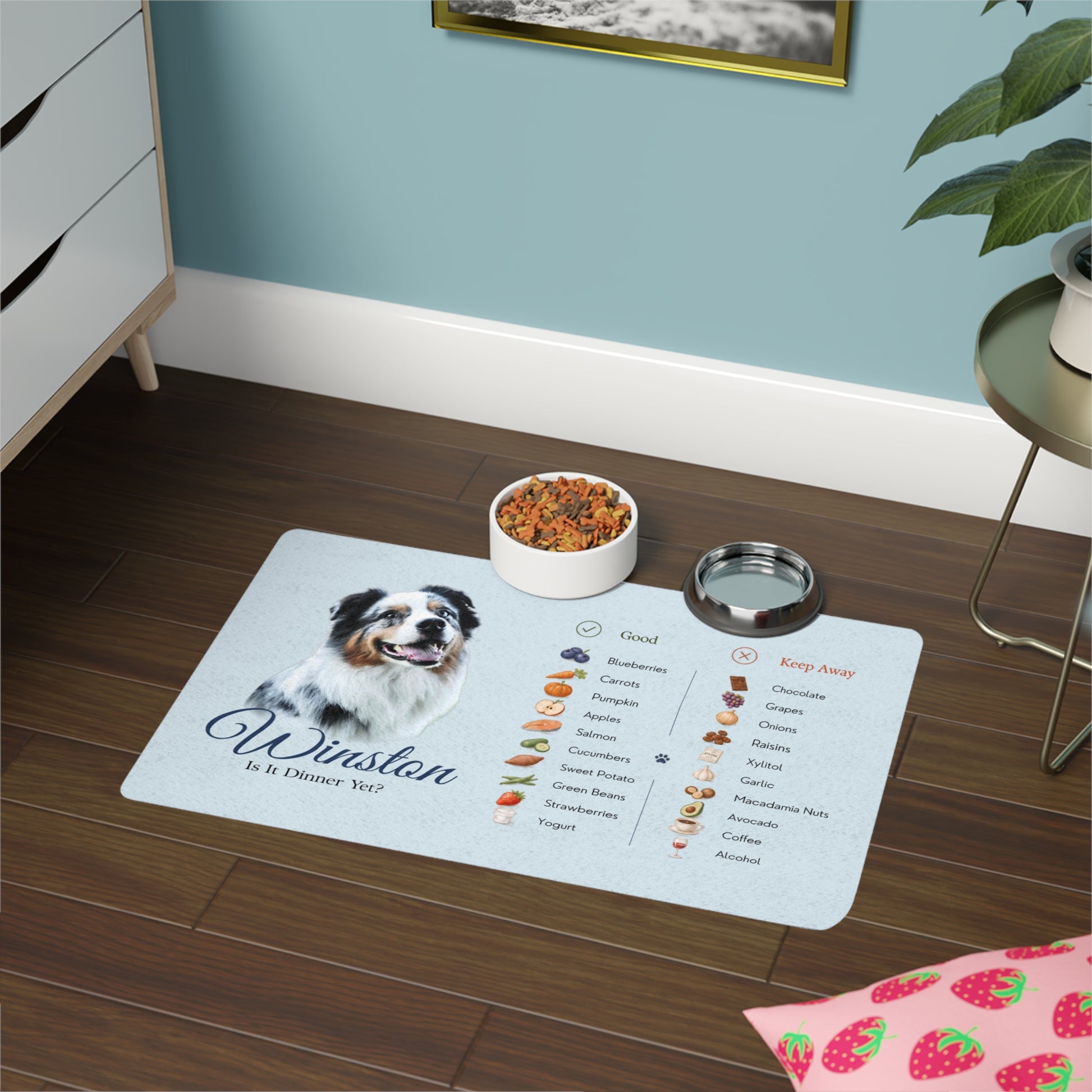 Blue dog food mat with a safe foods guide on a dark wood floor beside a dresser, with food and water bowls.