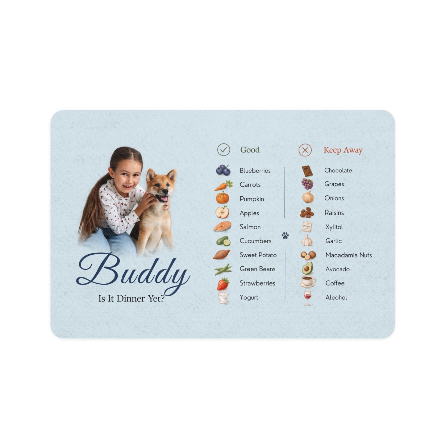 Flat front view of the Blue dog food mat personalized with an owner-and-dog photo and the name Buddy.