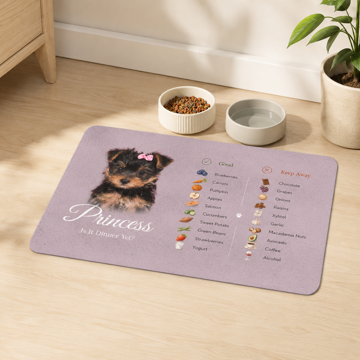 Rose dog food mat printed with a Yorkie puppy's photo and the name Princess, beside a nightstand.