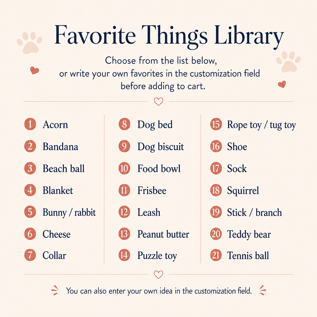 List of 21 favorite-thing icons to choose from when personalizing the dog feeding mat.