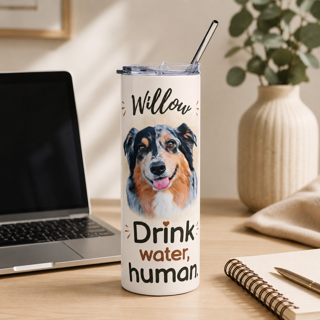 Australian Shepherd dog mom tumbler on a desk beside a laptop and notebook.