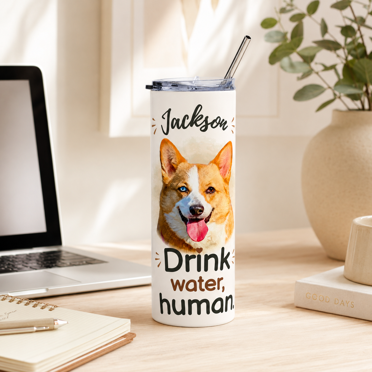 Corgi-print dog mom tumbler on a desk next to a laptop and a 'Good Days' book.