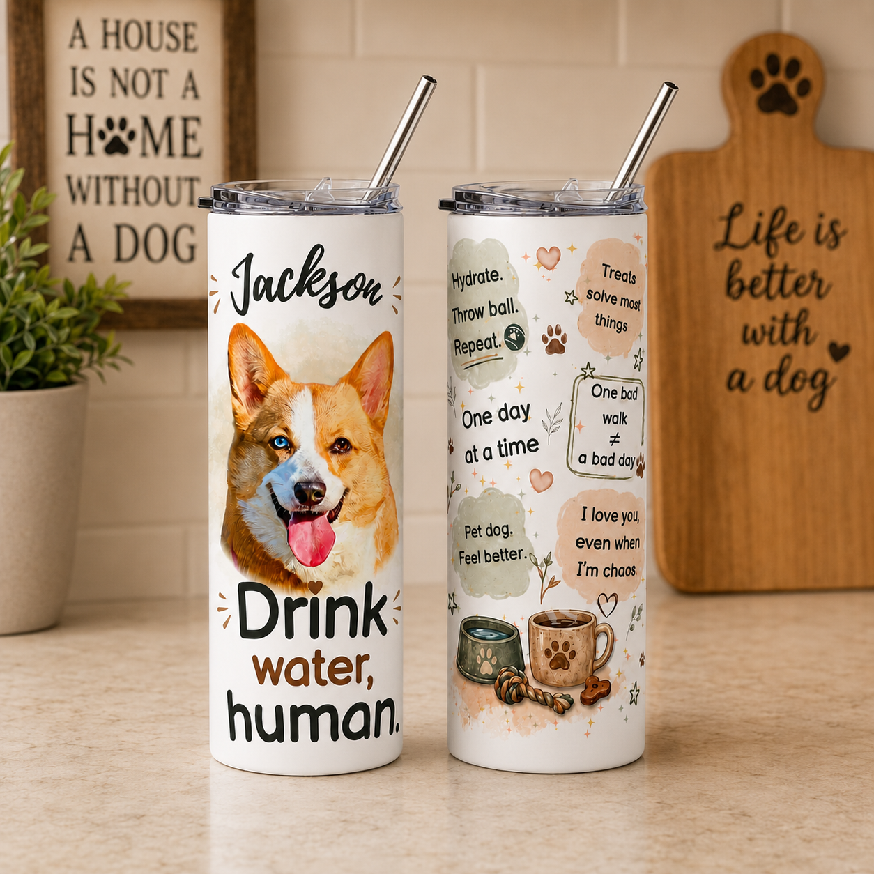 Personalized dog mom tumbler with a corgi's photo and name shown front and back on a kitchen counter.
