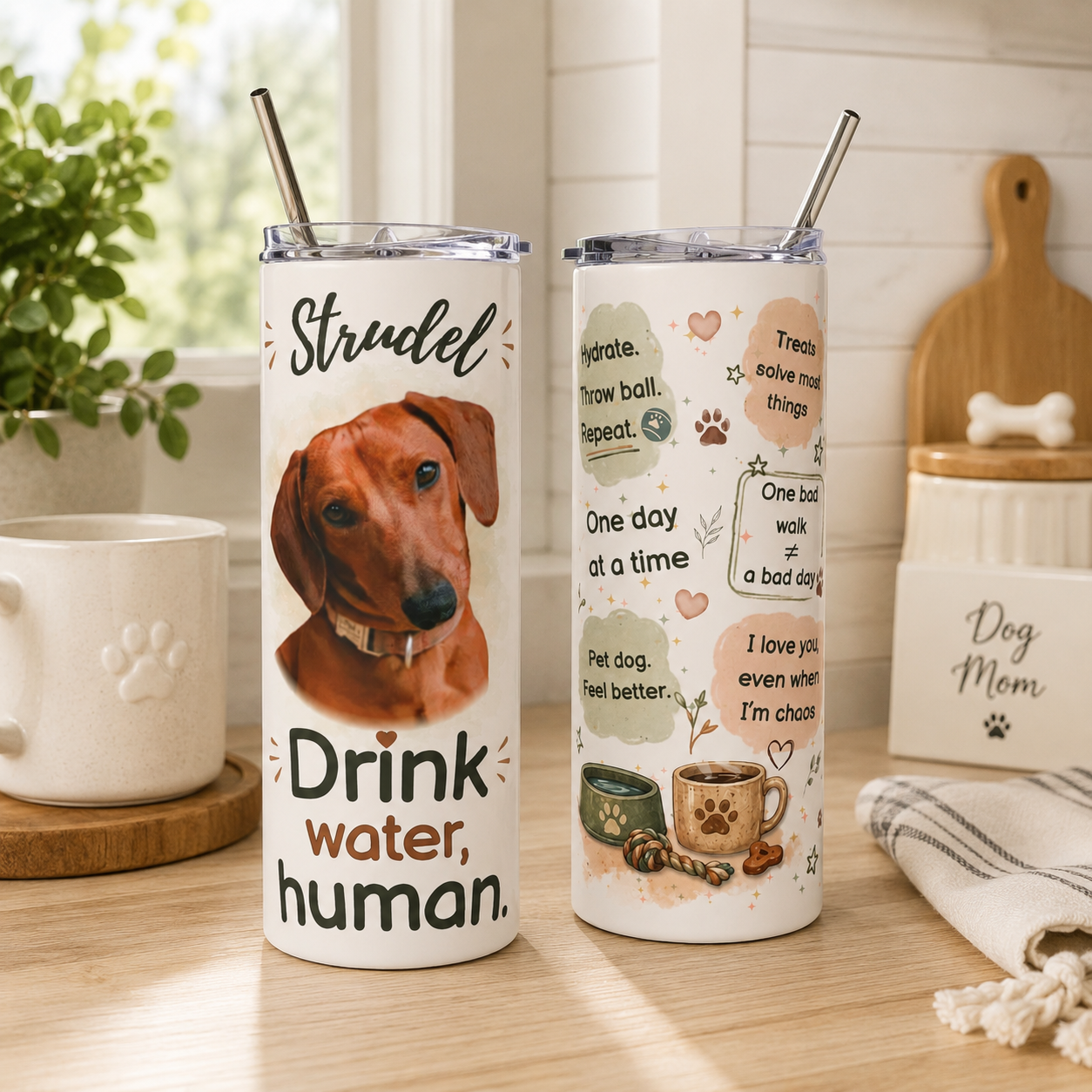 Dachshund dog mom tumbler on a kitchen counter next to a mug and a 'dog mom' jar.