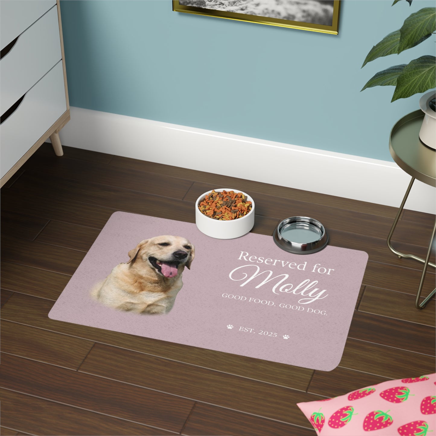 Rose personalized dog placemat with a yellow Labrador's photo and the name Molly, est. 2025.