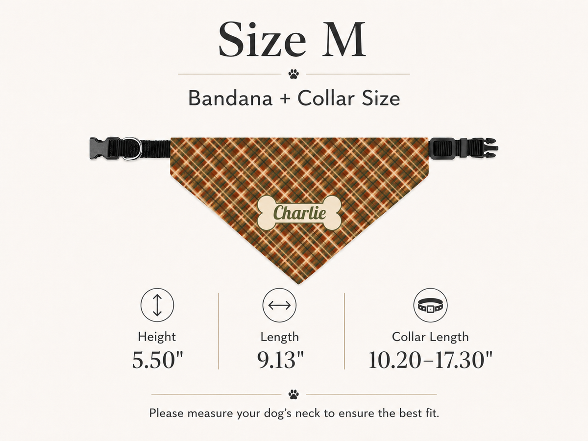 Size M chart for the fall plaid dog bandana: height 5.50 in, length 9.13 in, collar 10.20 to 17.30 in.