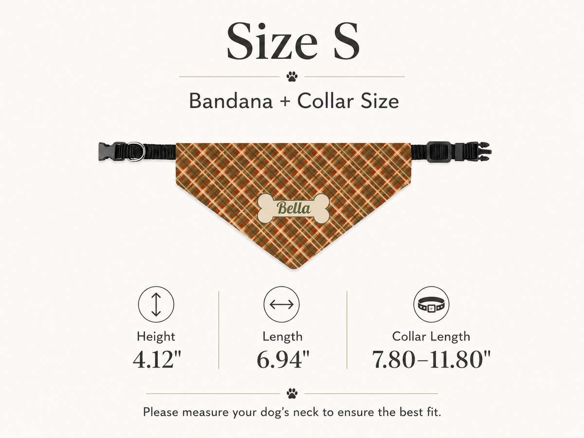 Size S chart for the fall plaid dog bandana: height 4.12 in, length 6.94 in, collar 7.80 to 11.80 in.