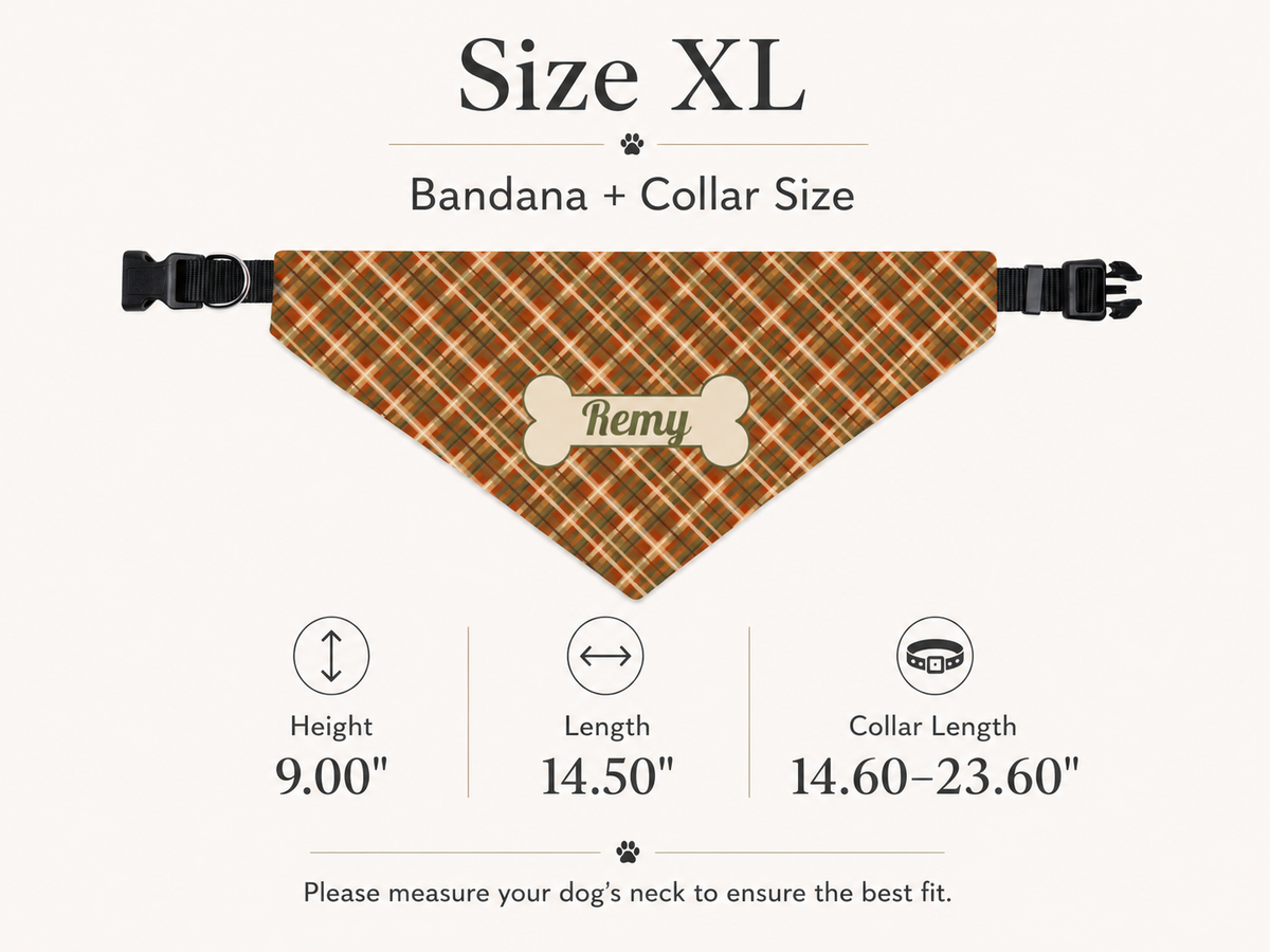 Size XL chart for the fall plaid dog bandana: height 9.00 in, length 14.50 in, collar 14.60 to 23.60 in.