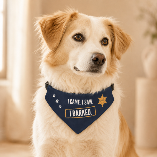 Golden retriever mix wearing the navy funny dog bandana with sheriff badge reading I Came I Saw I Barked.