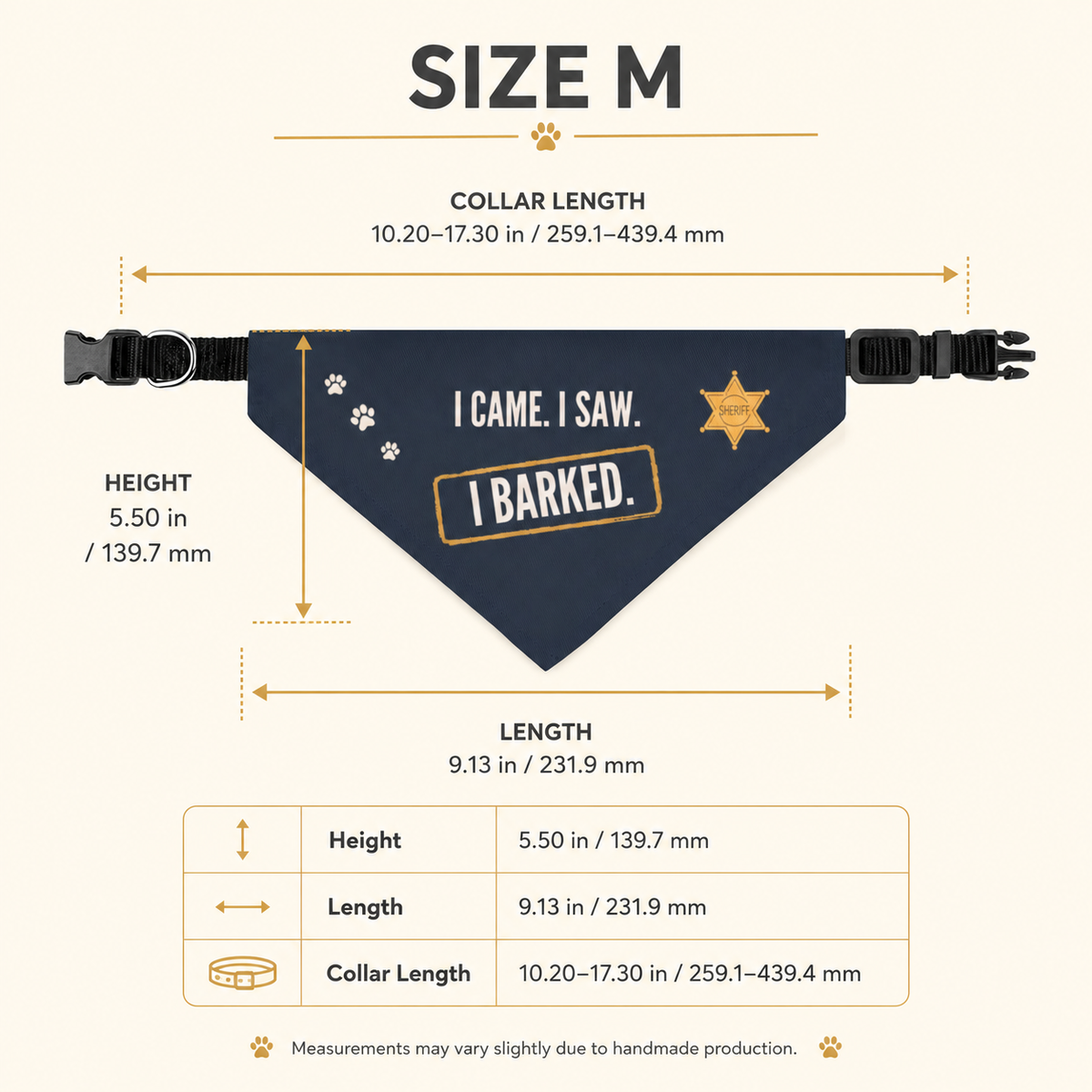 Size chart for the medium dog bandana with height, length, and collar length measurements.